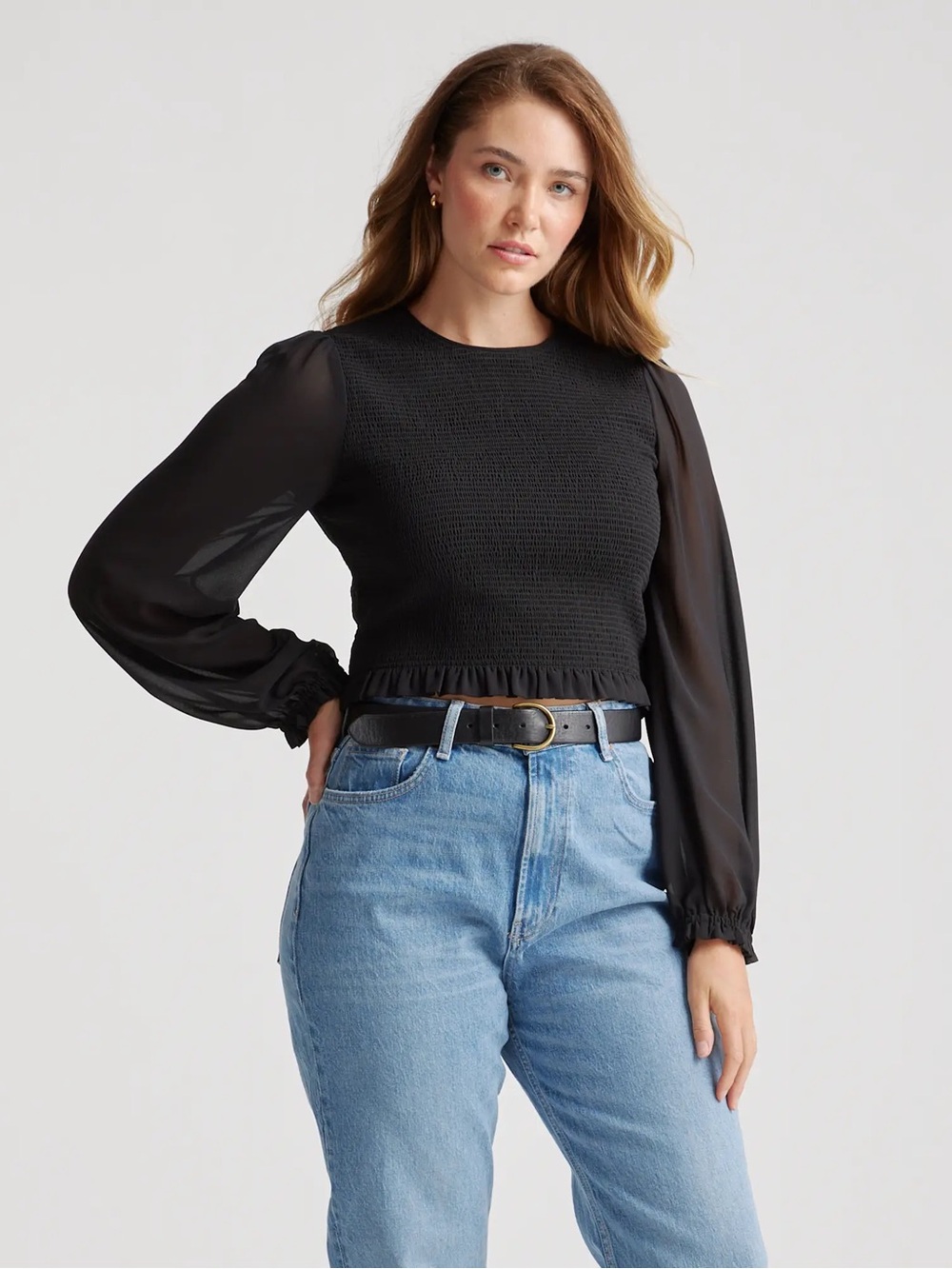 Quince Chiffon Cropped Smocked Blouse Long Sleeve Medium Black